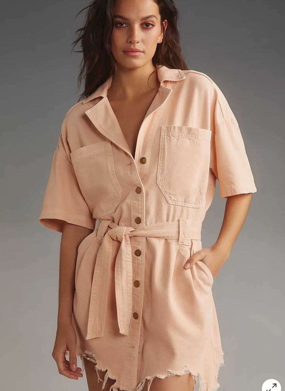 Pilcro Short-Sleeve Destructed Denim Mini Dress Size Large Safari Utility